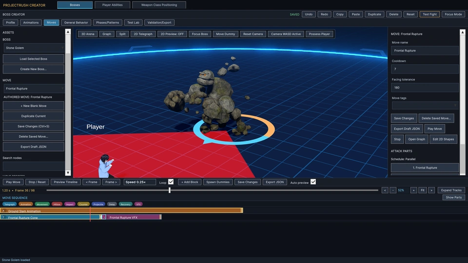Boss Creator showing the Stone Golem's move timeline