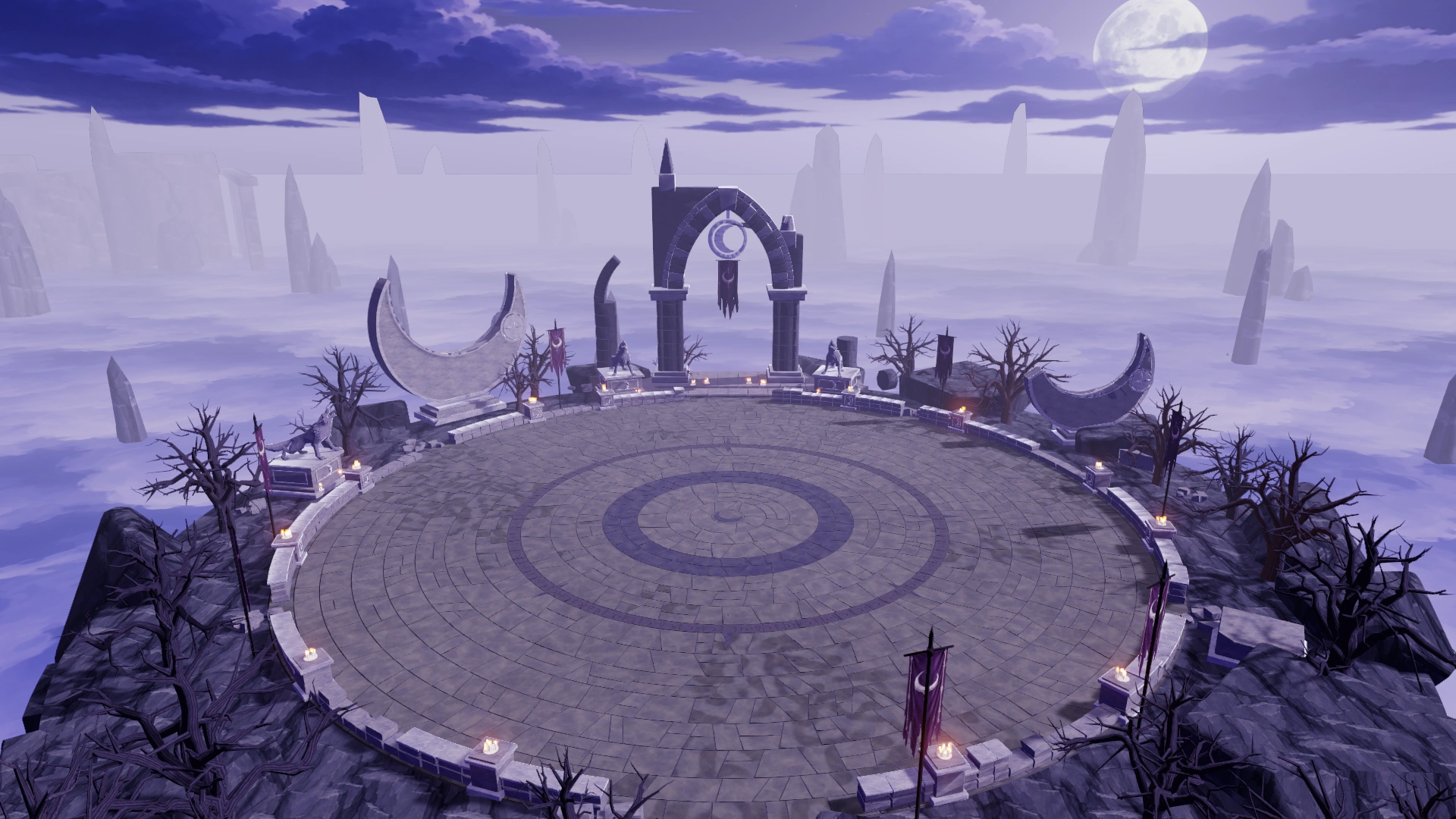 Wolf Altar Arena: a moonlit shrine with crescent monoliths above lavender mist