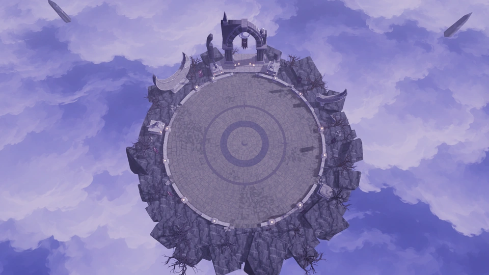 Overhead view of the circular Wolfmoon altar, Moon Gate, and crescent monuments surrounded by mist