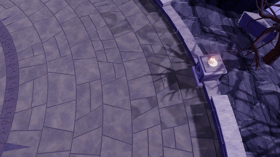Candlelight along the Wolfmoon arena rim, with rune-inlaid paving and bare trees