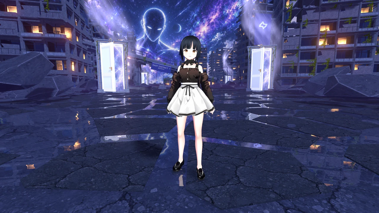 Character 5 with dark hair and a brown and white outfit in MainMenu